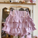 Kawaii Lolita Style Pleated Skirts Women High Waist Pink Bandage Fairy Y2k Aesthetic Skirt Cute Faldas Mujer Moda 2023-Outfit