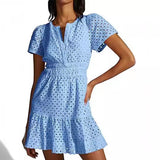 Fongt Women's V-Neck A-Shaped Hollow Lace Folded Short-Sleeved Mini Dress
