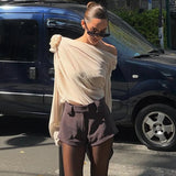 Floral Applique Mesh One Shoulder Long Sleeve Top-Outfit