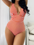 Fongt New One-Piece Big V-Neck Swimsuit Women's Striped Backless Swimsuit Women's Feel