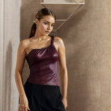 Fongt Women's New Solid Color Sleeveless Diagonal Collar Slim Sexy Twist Belt One-Shoulder Top-Outfit