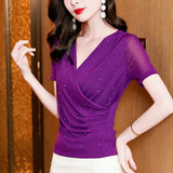 Mesh Tshirt Women Summer Short Sleeve Crossed V Neck T Shirts Lady Elegant High Stretchy Tops Tees For Female-Outfit