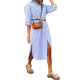 Fongt Spot Fall 2024 New Ladies Fashion Stripe Print Medium Long Dress-Outfit