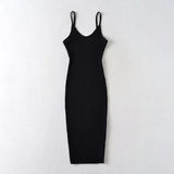 Fongt 2023 New Women's Fine Sling V Collar Rib MIDI Dress 6050318 657-Outfit