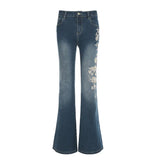 Fongt West Of The Cowboy Wind Plant Flowers Embroidered Low-Waisted Trousers Hottie Water Wash Old Leisure Trousers
