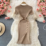 Fongt Version Of The Solid Color Collar Buckle Body Short Sleeve Elastic Knitted Forked And Left-Sleeved Dress 0022