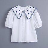 Women Agaric Lace Embroidery Patchwork Poplin Shirt Office Lady Puff Sleeve Casual Blouse Roupas Chic Chemise Tops