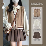 Fongt Autumn College Style Retro Vest Three-Piece Suit Female High-Waisted Half-Dress Long-Sleeved Shirt Top