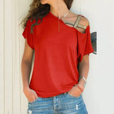 Women Skew Neck Irregular Criss Cross Blouse Patchwork Solid Tops Blusa Femme One Shoulder Summer Shirt Hollow Plus