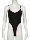 Lace Frill Bodysuit Y2K Black Spaghetti Straps Body Tops for Women Sexy Club Rave Party Body Suit Aesthetic Coquette-Outfit
