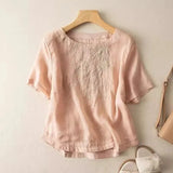 Fongt Cotton T-Shirt Women's Summer Size 2025 New Mother Loose Rib Linen Short-Sleeved T-Shirt
