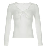 Solid Color Ruffled V-Neck Bow Long Sleeve Tee-Outfit