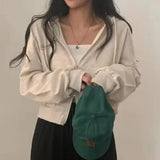 Solid Color Oversized Crop Zip Up Hoodie-Outfit