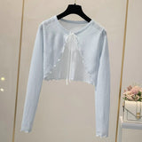 Summer Thin Sweater Shirts Lady Full Sleeve Laced Knitted Cardigan Outwear for Woman-Outfit