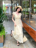 Fongt Xixi 2025 Summer New Korean Version Of High-Waisted Holiday Sling Dress V-Neck Print Pure Desire Skirt 88361