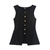 Fongt New Women's Uniform Pure Color Round Collar Single Buckle Sleeveless Simple Knitted Vest Top