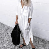 Women Long Shirt Dress Spring Summer Long Sleeve Loose White Dresses Casual Lapel Button Side Split Dresses Female Vestidos