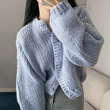 Round Neck Lantern Sleeve Knitted Cardigan-Outfit
