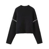 Fongt Women's 2025 Sweater Autumn Round Knitted Shirt To Keep Warm And Catch Chic Color Splicing Wiring Sweater M6221