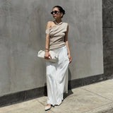 Fongt Spring And Summer Explosion Women's Slanted Shoulder Casual Net Color T-Shirt Top