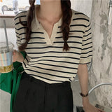 Vintage Short Sleeve Knitted T-shirts Girls Basic Striped Stretchy V-neck TShirts Tops For Women-Outfit