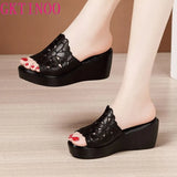 Heel Sandals Women Summer 2021 Platform Hollow Flower Sandals Large Size 41 43 Comfortable Open Toe Black Shoes