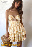 Spaghetti Strap Floral Mini Dress Casual Summer Boho Beach Style Sundresss Women Elegant Waist Hollow Out