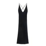 New Summer Woman Slim Knitting Dress Sexy Back Hollowed Out Off Shoulder Sling Chain Decoration Long