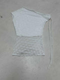 Fongt Desire Girl Wind Thin Slim See One Shoulder Design Ribbon Short-Sleeved Top Babes Reduce Age Thin One-On-Wear Blouse