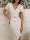 Fongt Multi-Clause Dress Knitted Solid-Colored Short-Sleeved Retro Elegant Knitted-Up-Buttoned Dress