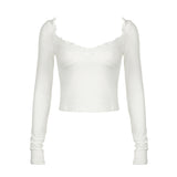 Temperament Lazy Feeling Ins Trend Small Bow Spliced V-Collar Bare Back Solid Color Long-Sleeved T-Shirt 2024 Style-Outfit