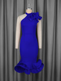 Fongt Half-High Collar Lotus Leaf-Side Dress Sided Shoulder Lotus Hem Banquet Evening Dress Dresses