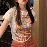 Indie Print Short Sleeve Crop Top-Outfit