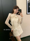 Fongt Xixi 2025 Autumn White Standard French Elegant Tie Lace Knitting Bottom Long-Sleeved Top Sweater 89607