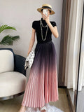 Gradient Pleated Long Skirt-Outfit
