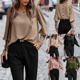 Fongt Women's T-Shirt Long Sleeve Button Solid Color Casual Top-Outfit