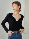 Women Knitted Sweater Long Sleeves Autumn Tops Gentle Retro Pullovers Irregular Neckline Solid Color Women