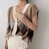 2021 New Autumn Winter Women Sweaters Sleeveless Oversized Plaid Vintage Vest Checkered Waistcoat Lady Tops