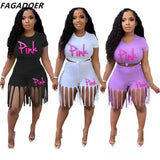 Plus Size Women Set S-5XL PINK Letter Print Round Neck Top And Tassel Shorts Two Piece Sets Casual 2pcs Outfits
