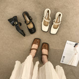 Retro Temperament Square Head Thick With Mary Jane Shoes Small Leather Shoes Female A Word Button Evening Evening Match Skirt Commuting Single Shoes-Outfit
