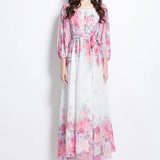 Fongt Holiday Style Dress 2025 New One-Word Shoulder Strap With Waist Lantern Sleeve Print Chiffon Long Dress Woman