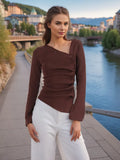 Fongt 2025 Autumn New Temperament Folding Irregular Oblique Shoulder Design Long-Sleeved Knitted Top Woman