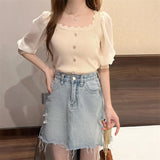 Fongt Korean Version Of The Small Fragrant Collarbone Design Shirt Short Bubble Sleeve Ice Silk Knitted Short-Sleeved T-Shirt