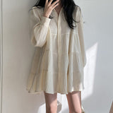 Solid Color Folded Loose Puff Sleeve Blouse-Outfit