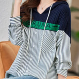 Loose Hooded Striped Blouse Women's Clothing Letter Knitted Patchwork 2023 Spring Autumn Casual Drawstring Pockets Shirt-Outfit