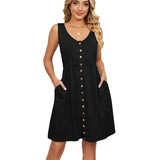 / Summer 2023 Solid Color Sleeveless Button Pocket Round Collar Slit Closed Waist Dress-Outfit