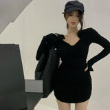 V-neck Korean Dress Short Skirt Waist Solid Color Long Sleeves-Outfit