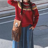 Fongt National Style Jacquard Small Red Sweater Design Sense Contrast Color Thick Sweater Autumn Winter New Foreign Style Jacket-Outfit