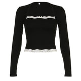 Desire Atmosphere Impact Color Lace Splicing Square Collar Slim Fake Two Jackets T-Shirt 2023 New Style-Outfit