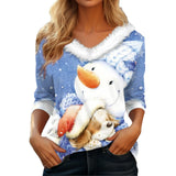 Fongt Wear 2024 New Christmas Elements Print Long Sleeve V Collar Women's T-Shirt-Outfit